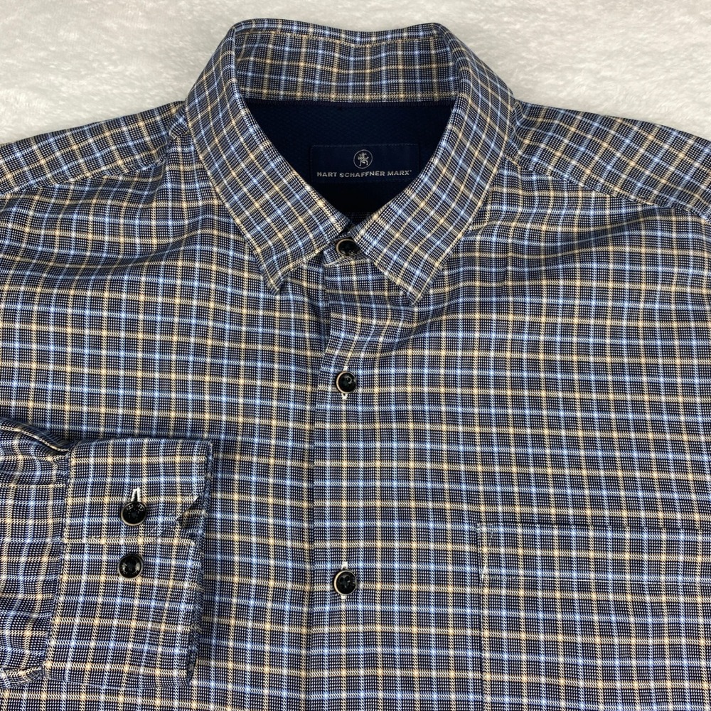 Hart Schaffner Marx Mens Large Blue Tan Plaid Cotton Casual Button Down Shirt
